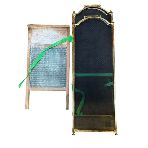 2 Pc - Vintage Western Broom washboard & Set of 2 Vintage Brass Fireplace Screens