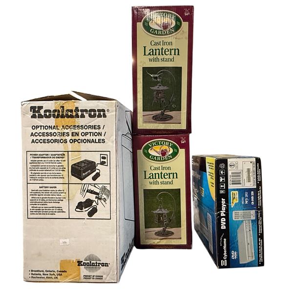 Group of assorted items - includes Cyberhome DVD player / 2 Cast Iron Lantern w/ stand / Koolatron c