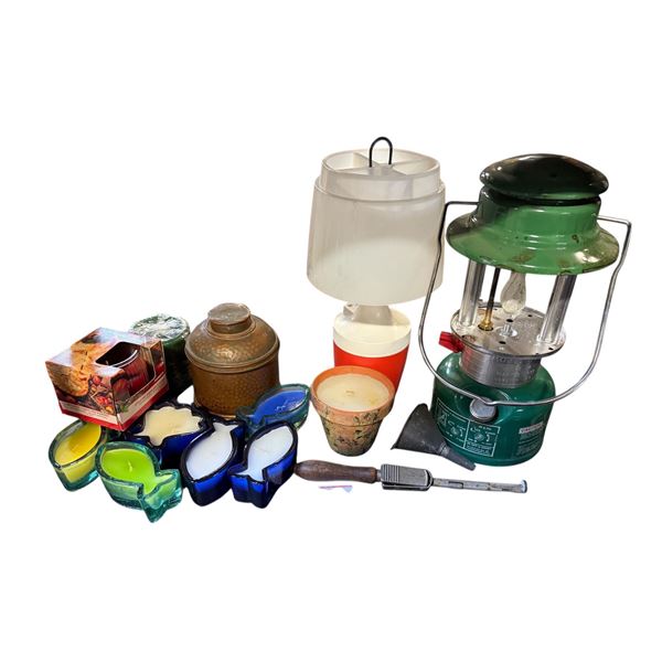 Group of assorted items - includes vintage green lantern / fish shaped candles / copper canister etc
