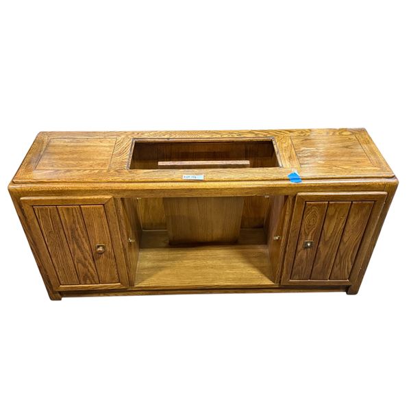 Vintage wooden double door storage cabinet - solid oak (approx 54" x 16" x 27" H)