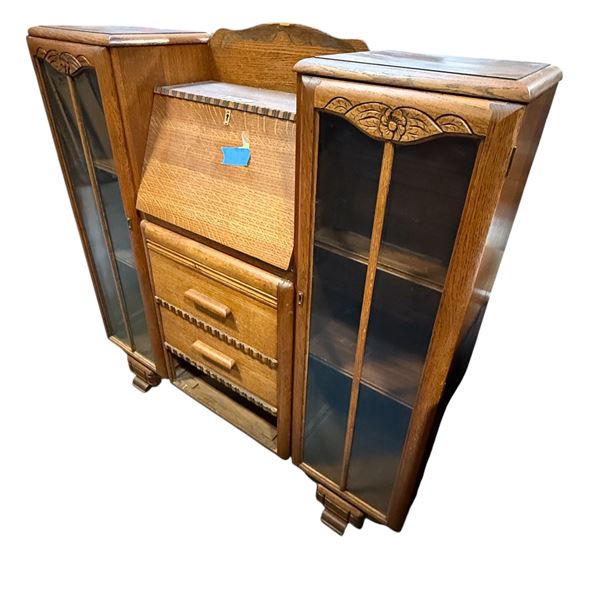 Vintage oak secretary cabinet w/ glass display towers - approx 46" x 12" x 46" H