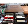 Image 2 : VHS tape collection in woodgrain storage case w/ CD collection on black media shelf - approx 41" H