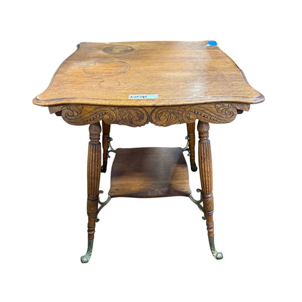 Vintage ornate side table w/ brass claw feet - approx 2ft squared x 29" H