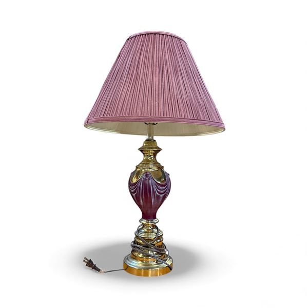 Decorative table lamp w/ brass & maroon glass base w/ pleated shade - approx 28" H