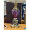 Image 2 : Decorative table lamp w/ brass & maroon glass base w/ pleated shade - approx 28" H