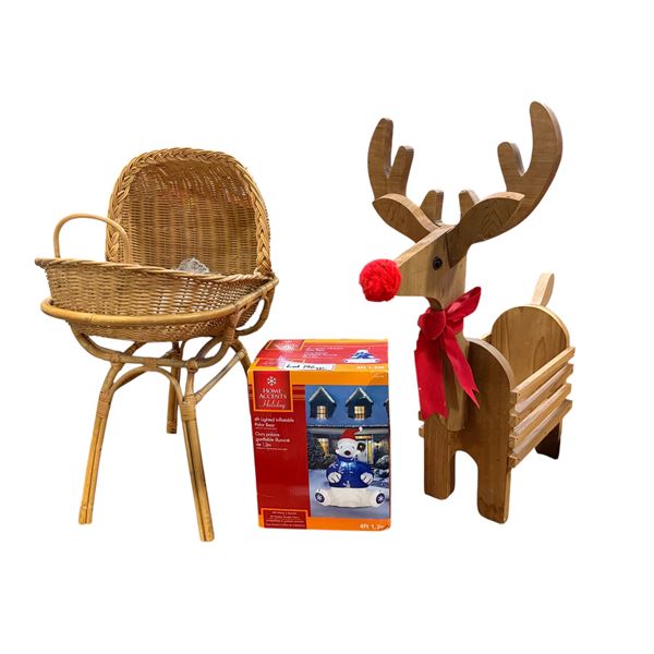 3 pc - Wicker Doll Bassinet, Wooden Reindeer Décor & 4ft Lighted Inflatable Polar Bear