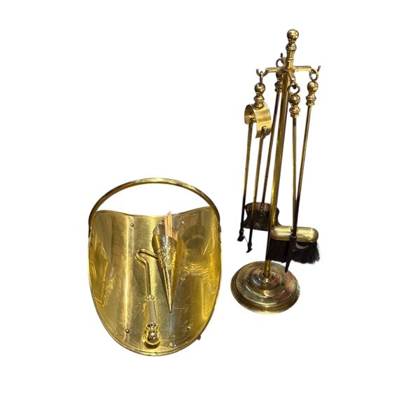 Brass fireplace tool set + coal scuttle