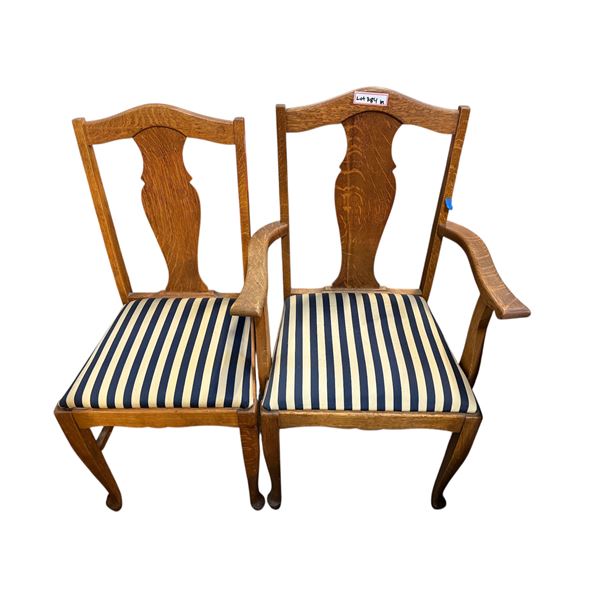 Set of 2 solid oak dining chairs - striped upholstered seats