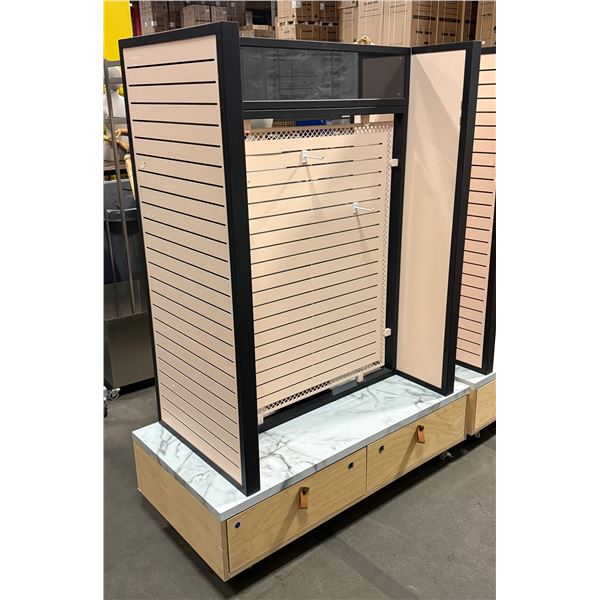 Commercial heavy duty retail slatwall display gondola w/ marble base, hooks & casters - approx 4ft W