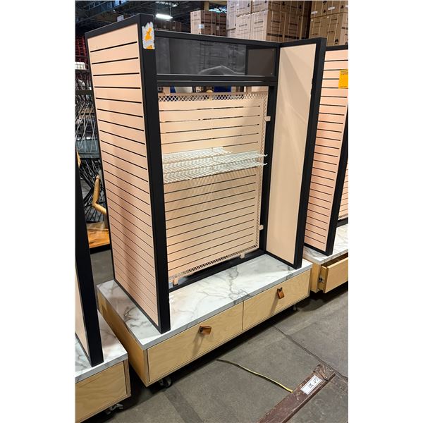 Commercial heavy duty retail slatwall display gondola w/ marble base, hooks & casters - approx 4ft W