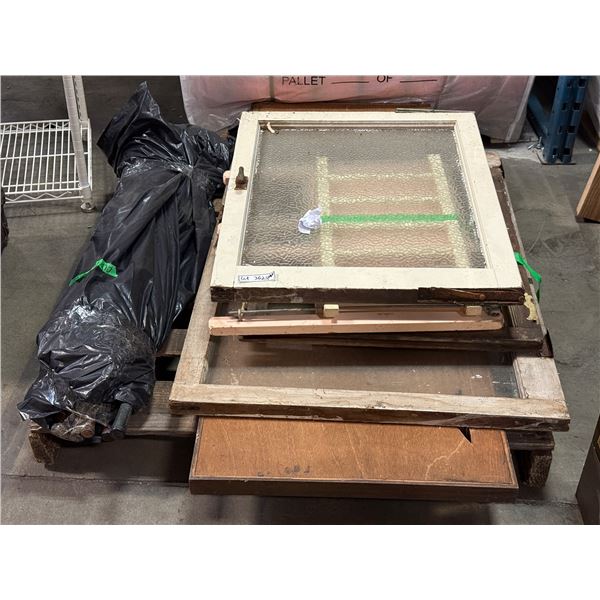 Pallet of assorted estate items - includes vintage glass windows / golf clubs / painting etc