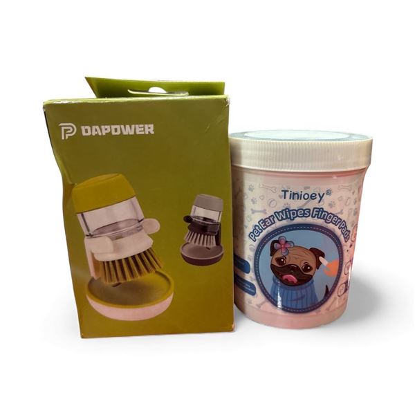 4 Pieces Soap Dispensing Palm Brush with Storage Stand and A New Pack of Tinioey Pet Wipes