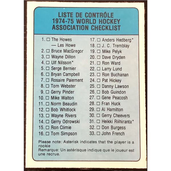 1974-75 O-PEE-CHEE WHA CHECKLIST