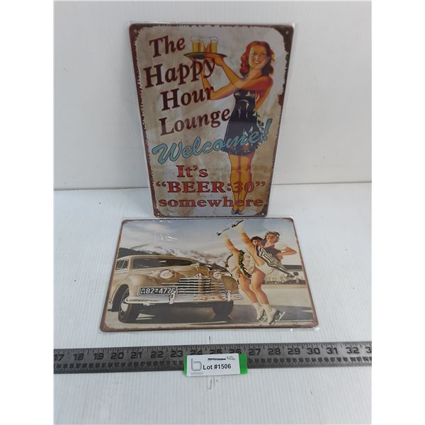 (2) Metal Wall Decor (Happy Hour, Vintage Auto) - 8" x 12"