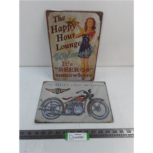 (2) Metal Wall Decor (Happy Hour, USA Motorcycle) - 8" x 12"
