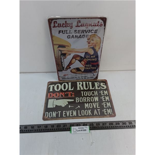 (2) Metal Wall Decor (Tool Rules, Lucky Lugnuts) - 8" x 12"