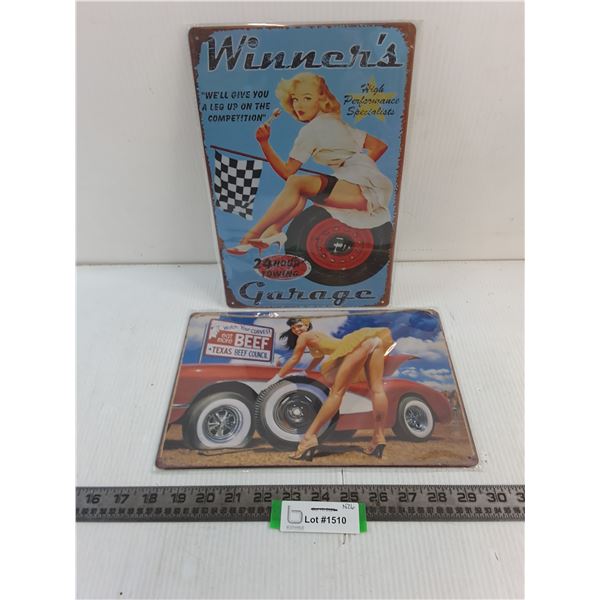 (2) Metal Wall Decor (Texas Beef, Winner's Garage) - 8" x 12"