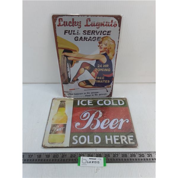 (2) Metal Wall Decor (Lucky Lugnuts, Beer) - 8" x 12"