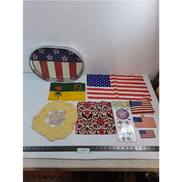 Metal American Flag Serving Tray & Decor, Saskatchewan Flag, Doilies
