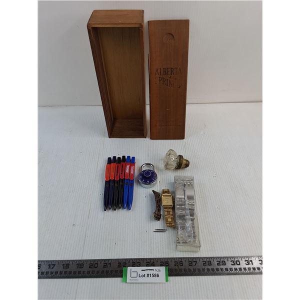Watch & Straps, NHL Pens, Lock, Vintage Door Knob, Liquor Box
