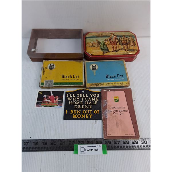 Vintage Tins & Liquor Price Booklet, "Half Drunk" Wall Plaque, Misc.