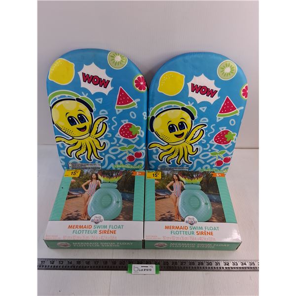 (2) Child's Paddle Boards, (2) New Mermaid Swim Floats