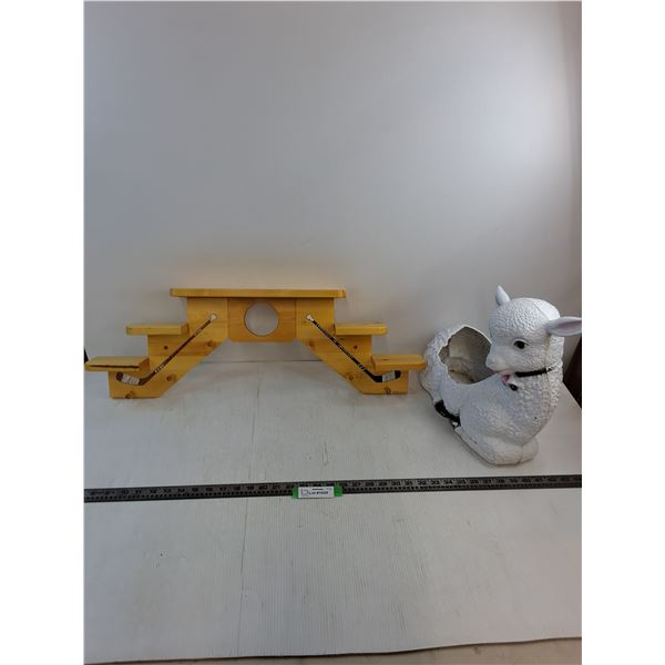Wooden "Hockey Themed" Coat Rack/Trophy Shelf - 29" Length, Plastic Lamb Planter