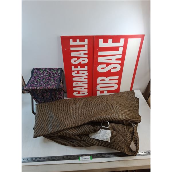 Coolaroo Shade Sail - 13' Triangle, (4) Sale Signs, Gardener's Stool