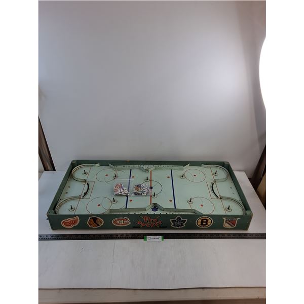 Vintage Table Hockey Game w/2 Teams of Metal Players - Missing Nets - 37x16x4" - Pickup Only