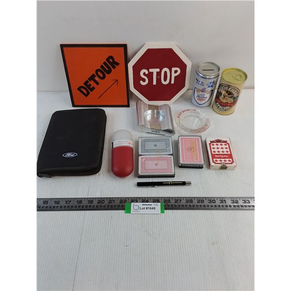 Wooden Signs, Assorted Sealed Playing Cards, Beer Cans, Misc.