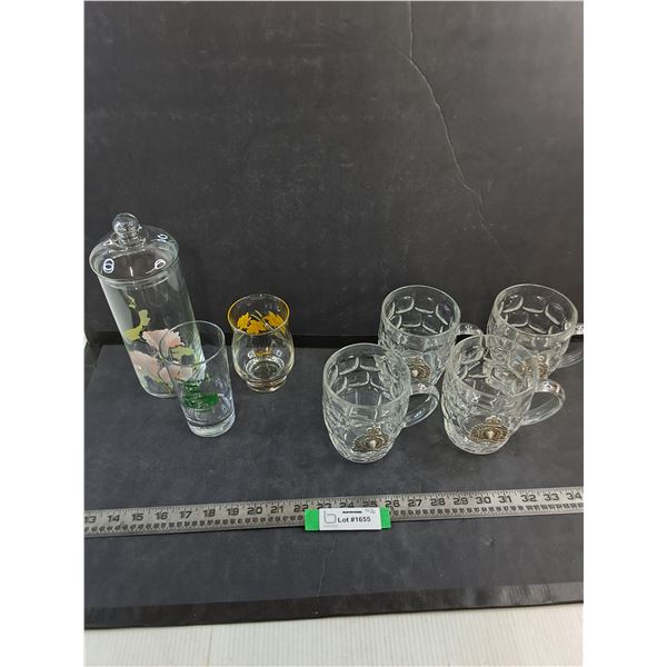 Assorted Drinking Glasses/Mugs, Jar