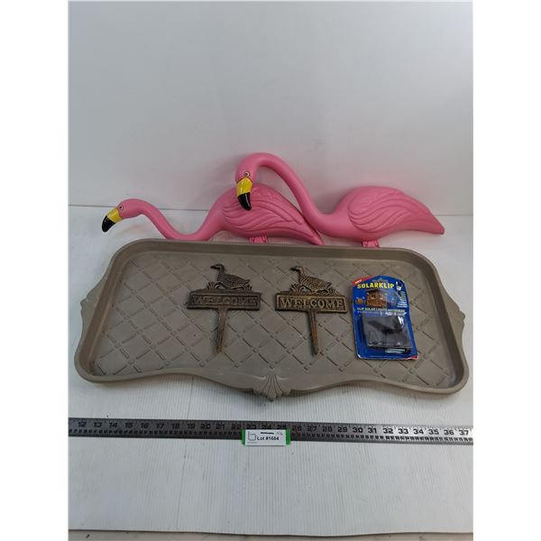 Pair of Legless Lawn Flamingos, Boot Tray, Lawn Mount Welcome Signs, NIB Solar light Clips