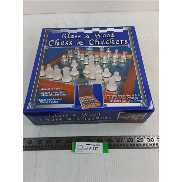 In Box Glass & Wood Chess & Checkers Set