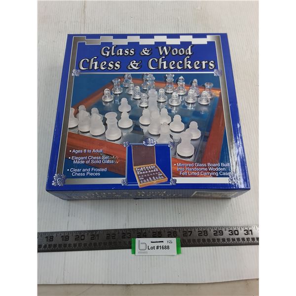 In Box Glass & Wood Chess & Checkers Set