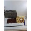 Image 1 : Suitcase, Wood Table Top 16x11", Mail Organizer, Size 10 Leather Slippers, German Coin Bank, Dog Toy