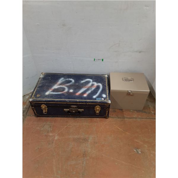 * Vintage Metal Trunk w/Damaged Corner - 26x15.5x9", Metal File Box - Pickup Only