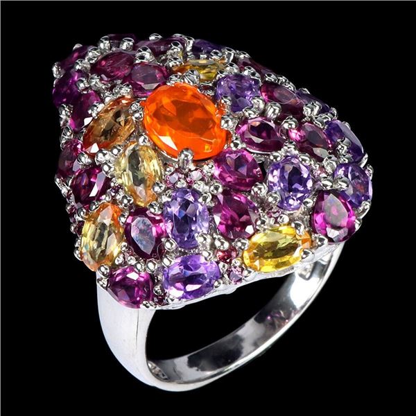 Natural Orange Opal & Sapphire Ring