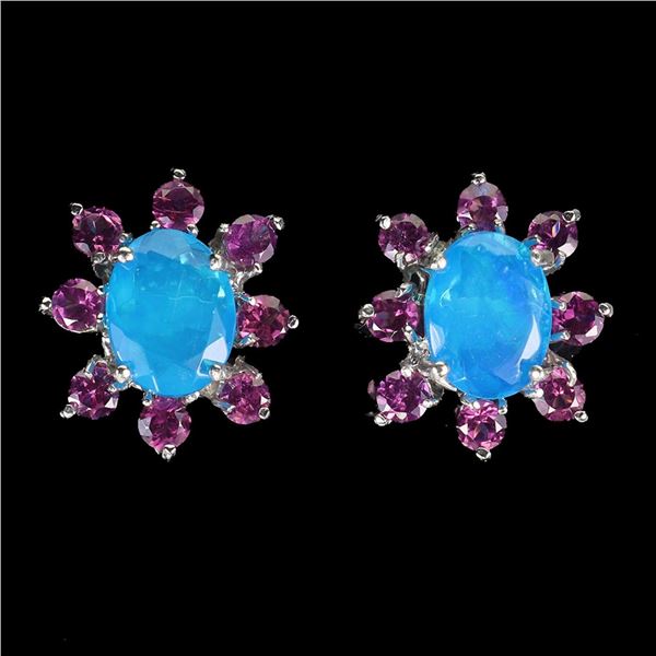 Natural Ethopian Blue Opal Rhodolite Garnet Earrings