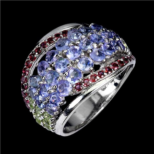 Natural Tanzanite Peridot Rhodolite Ring