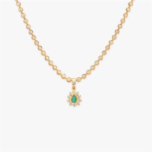 Gold & Lab Diamond 12 Cts & Natural Colombian Emerald Necklace