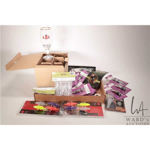 Selection of liquor accessories including wine/ liquor pourers/ spoouts, corkscrews, openers and six