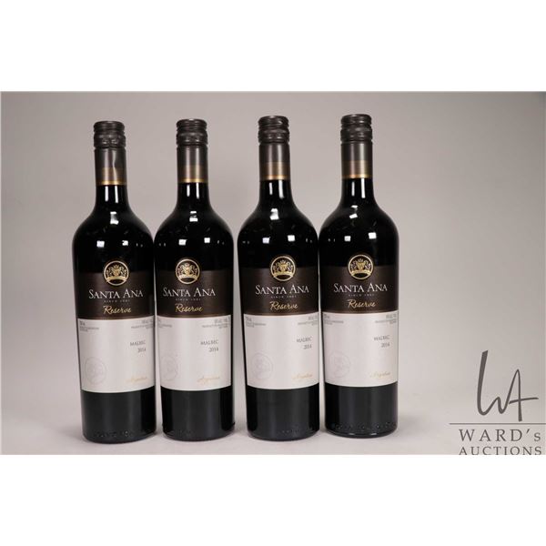 Four bottles of Santa Ana/ 2014 Malbec/ 750ml/ 14% ABV Note: Alcohol cannot be insured by any courie
