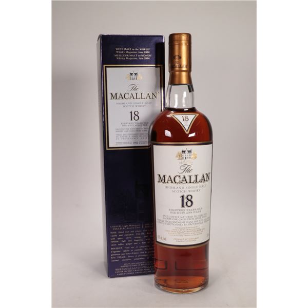 The Macallan/ 18 years/ Highland Malt scotch whisky/ 750ml/ 43% ABV Note: Alcohol cannot be insured 