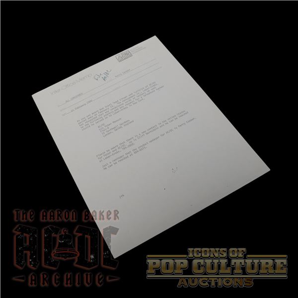 AC/DC - Atlantic Records "File Copy" Inter-Office Memo – Bon Scott Condolence Instructions 