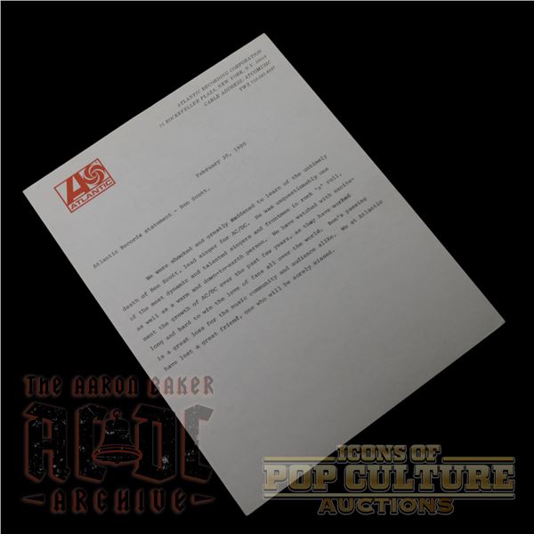 Atlantic Records Original Typed Bon Scott Statement - 1917