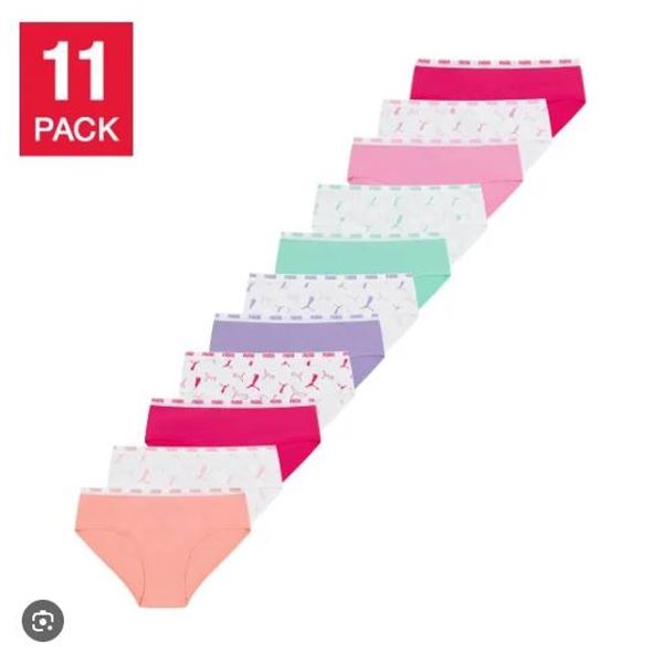 PUMA Girls 11-Pack Bikini Underwear, Cotton Blend, Size Large