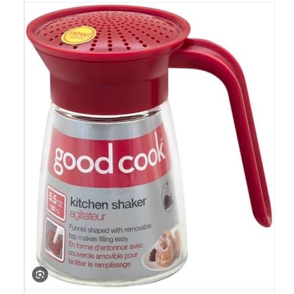 Lot of 2 – 5.5 oz GoodCook Glass Shakers with Red Plastic Handles and Lids