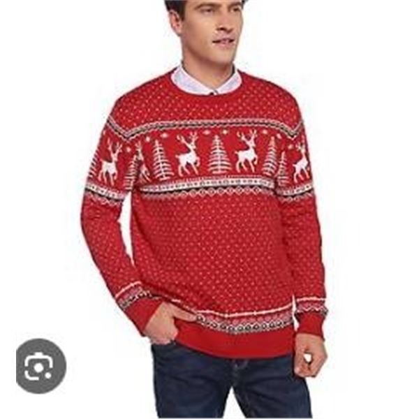 Red Festive Sweater With Reindeer And Tree Pattern, M