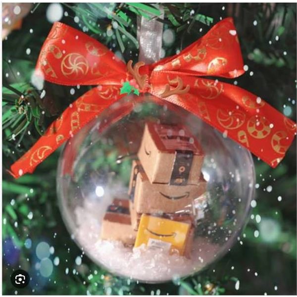 Lot of 2 Mini Package Ornament Balls with Red Ribbon and Snow Filling