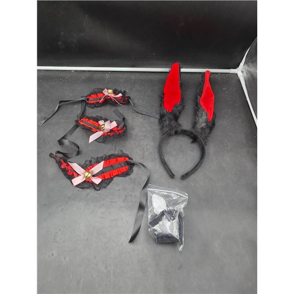 ADULT XXX Black and Red Costume Accessories with Bunny Ears and Lace Details (TAIL BUTT PLUG)